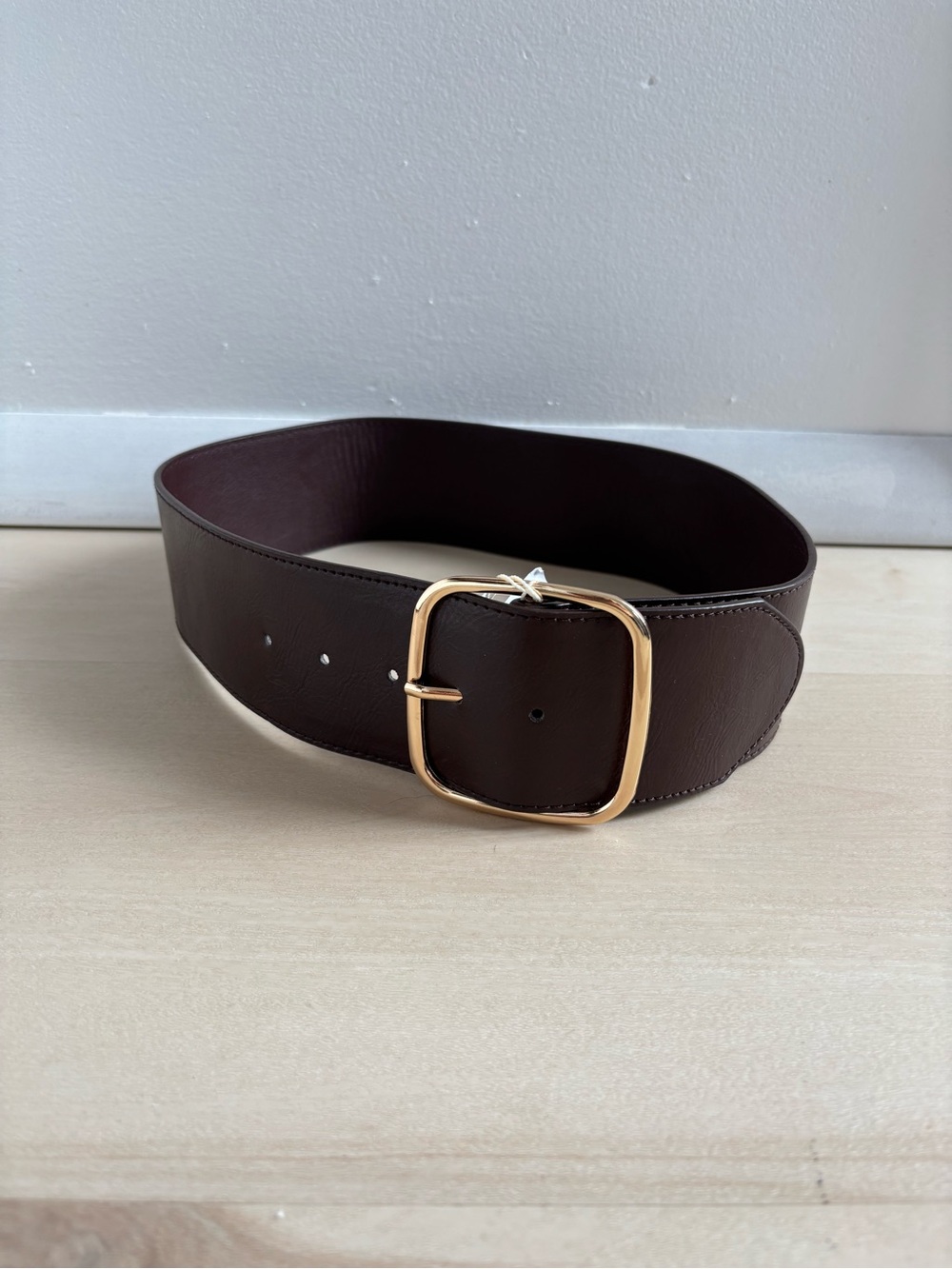 Zara Wide Dark Brown  Faux Leather Belt with Gold Buckle - Picture 2 of 3